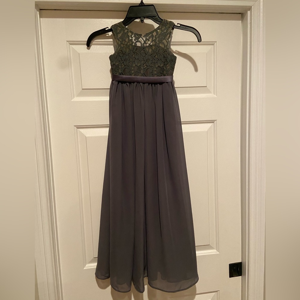 JJ house girls floor length formal dress in steel grey